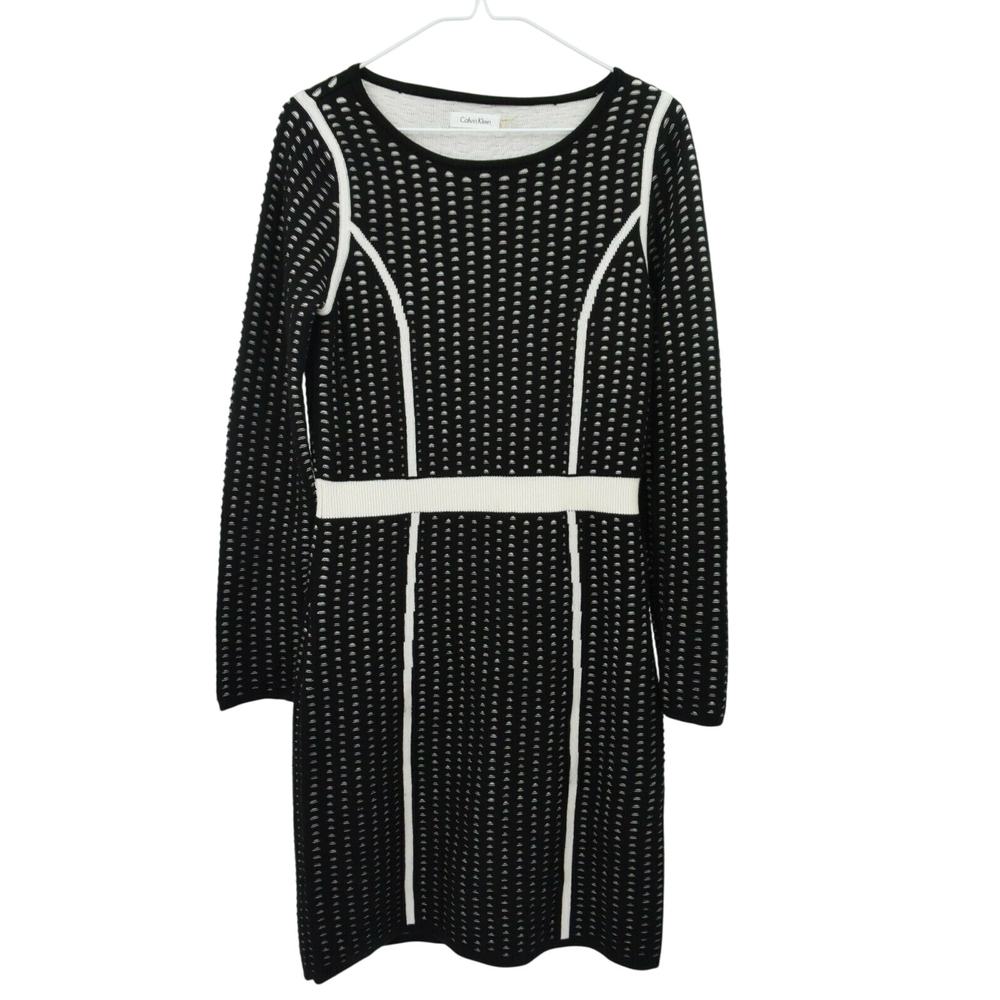Calvin Klein Long Sleeve Fitted Sweater Dress Womens S Black White
